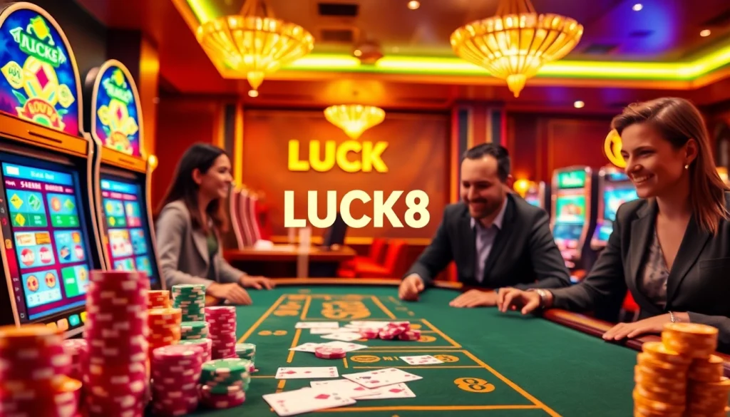 LUCK8 casino scene with vibrant tables, poker chips, and exciting gameplay atmosphere.