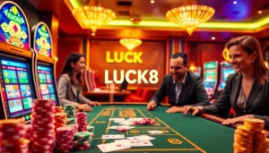 LUCK8 casino scene with vibrant tables, poker chips, and exciting gameplay atmosphere.