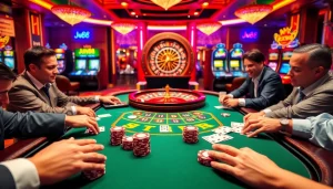 Experience thrilling gameplay at Jun88's vibrant casino with players engaged in poker.
