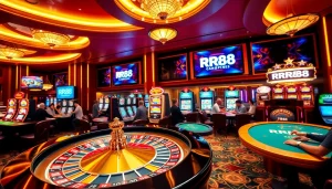 RR88 players enjoying a thrilling casino game experience at a vibrant roulette table.