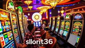 Experience the excitement of slot365 with vibrant slot machines and joyful players in a bustling casino.