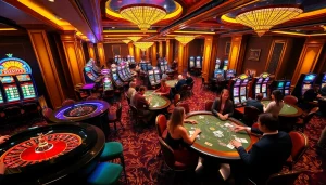 Excited players enjoying games at https://kk55.space/ casino with roulette, poker, and slot machines.
