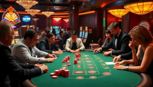 Excited gamblers at a luxurious casino table achieving victory with MV88 audio clarity.