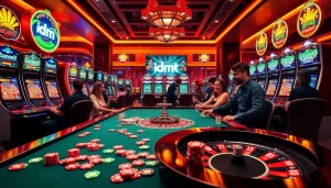 Engaging gamblers at an idnslot casino table surrounded by luxury slots and vibrant gaming action.