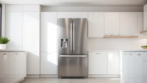 Refrigerator with sleek design and fresh produce, showcasing modern kitchen efficiency.