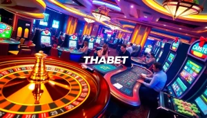 Exciting gaming atmosphere with THABET link, showcasing roulette, poker, and slot machines.