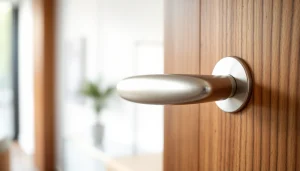 Showcase of a modern door handle on a stylish door, emphasizing sleek design and brushed nickel finish.