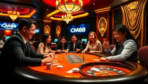 Exciting scene of CM88 players engaging at a luxurious casino poker table.