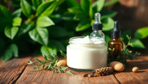 Prikaz prirodne kozmetike sa organskim kremama i biljem na rustikalnoj podlozi