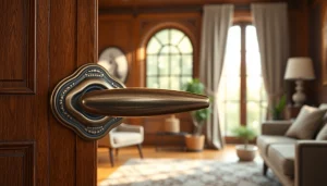 Showcasing a door handle with exquisite details set in a cozy living room.