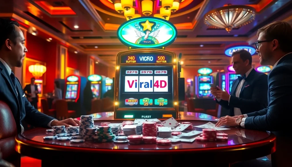 Players winning at the viral4d slot machine in a vibrant casino setting.