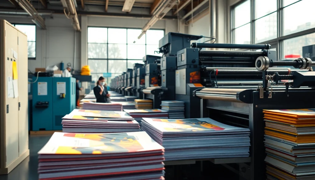 Print shop Edmonton showcasing vibrant prints and bustling activity in a professional environment.