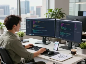 快连下载在现代科技工作空间中，开发者在多个监视器上分析代码。