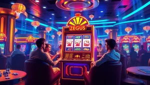 Gamblers thrilled while playing Slot Zeus, capturing excitement at the casino.