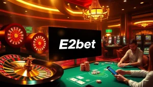 E2bet online gambling scene showcasing exciting casino tables and glowing slot machines.