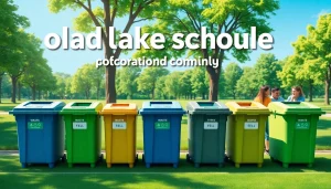 Visual representation of the cold lake garbage schedule with color-coded waste bins in a park.