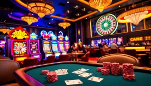 Players enjoying the excitement of RR88's vibrant casino atmosphere with gaming tables and slot machines.