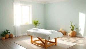 이완에 적합한 차분한 분위기와 편안한 장식이 있는 마사지 치료실.