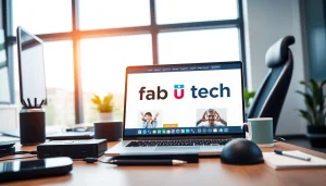 Showcase a vibrant office setup featuring fab u tech branded devices and ergonomic furniture.