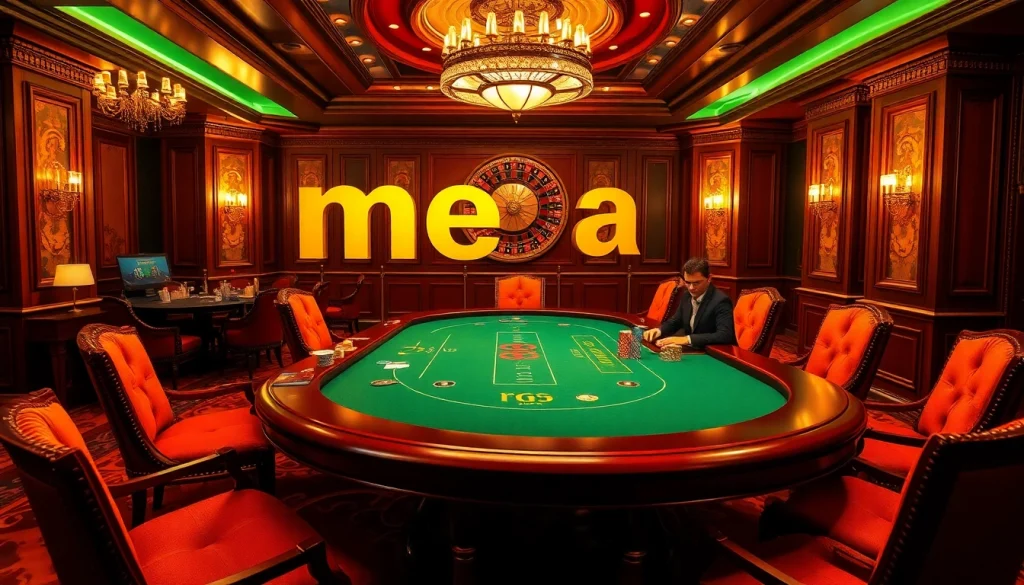 Mega excitement at a luxurious casino poker table with elegant players and vibrant gambling decor.