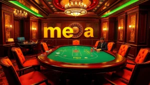 Mega excitement at a luxurious casino poker table with elegant players and vibrant gambling decor.