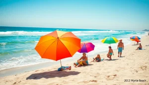 Visit https://myrtlebeachsc.com/ for a vivid beach day scene featuring sandy shores and lively families.