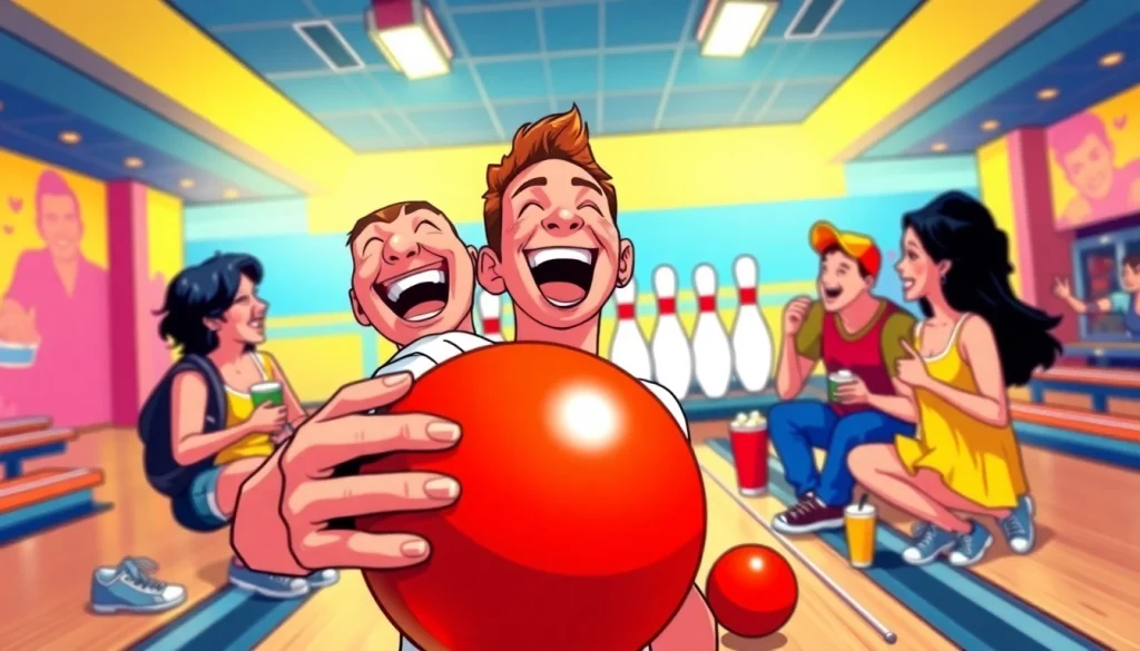 Enjoying bowling puns in a lively bowling alley with friends and fun elements.