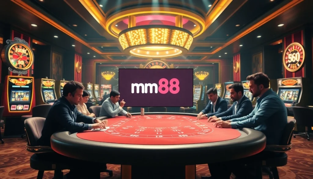 Experience the excitement of mm88 at a high-stakes poker game, vibrant casino backdrop.