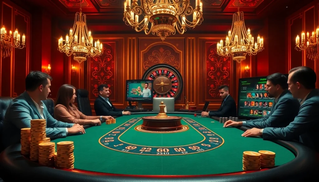 Participez à un jeu de poker à enjeux élevés dans un luxueux casino en ligne, avec des jetons vibrants et une roue de roulette.
