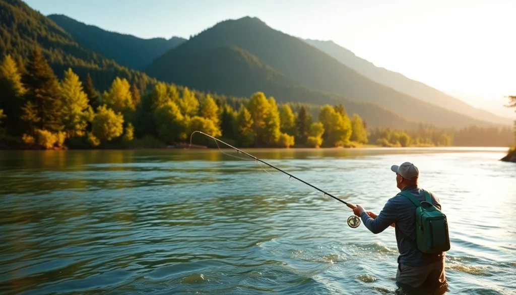 Enthusiastic angler enjoying fly fishing gifts in a scenic river environment.