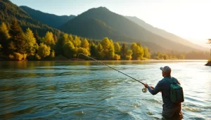 Enthusiastic angler enjoying fly fishing gifts in a scenic river environment.