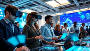 Innovative technology conference with professionals interacting at https://rr9935.com/ showcasing digital innovation.