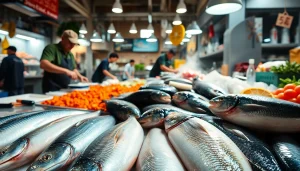 Fish handling techniques displayed in a vibrant market with fresh fish and active fishmongers.
