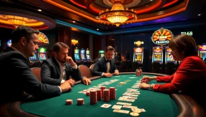 Players at a high-stakes poker table in F168 casino, showcasing excitement and luxury.