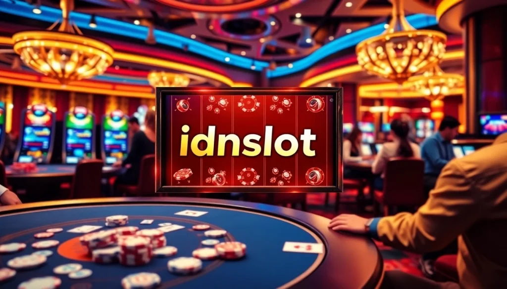 Experience the thrill of idnslot gaming at a luxurious casino with lively tables and vibrant slot machines.