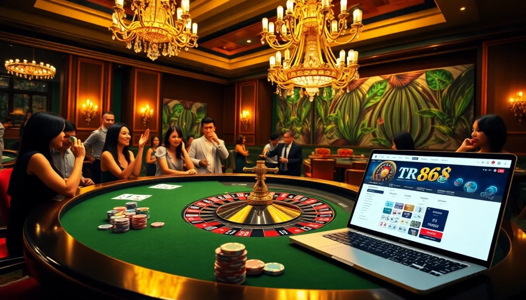 Experience the thrilling atmosphere of TR88 with players engaged in an exciting roulette game at a luxury casino.