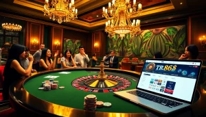 Experience the thrilling atmosphere of TR88 with players engaged in an exciting roulette game at a luxury casino.