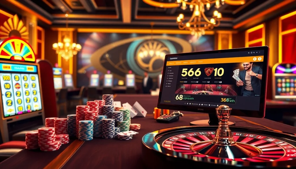Engaging scene of a vibrant casino table and slot machines with 68VIP SH featured visually.