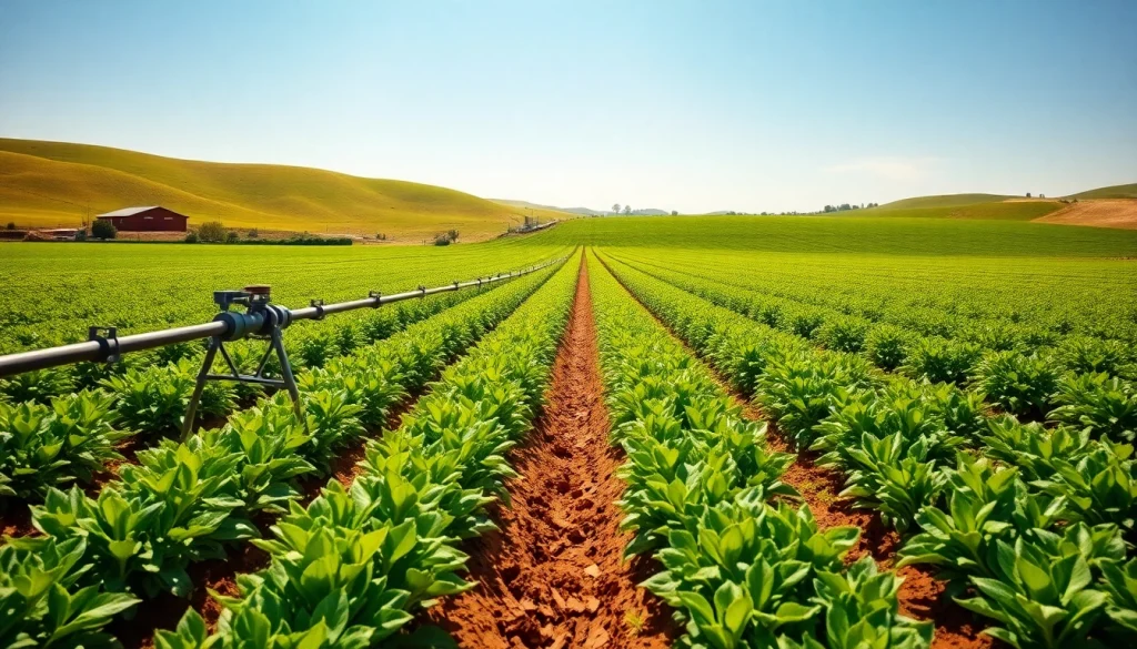 Land irrigation system efficiently watering thriving crops in a bright agricultural field.