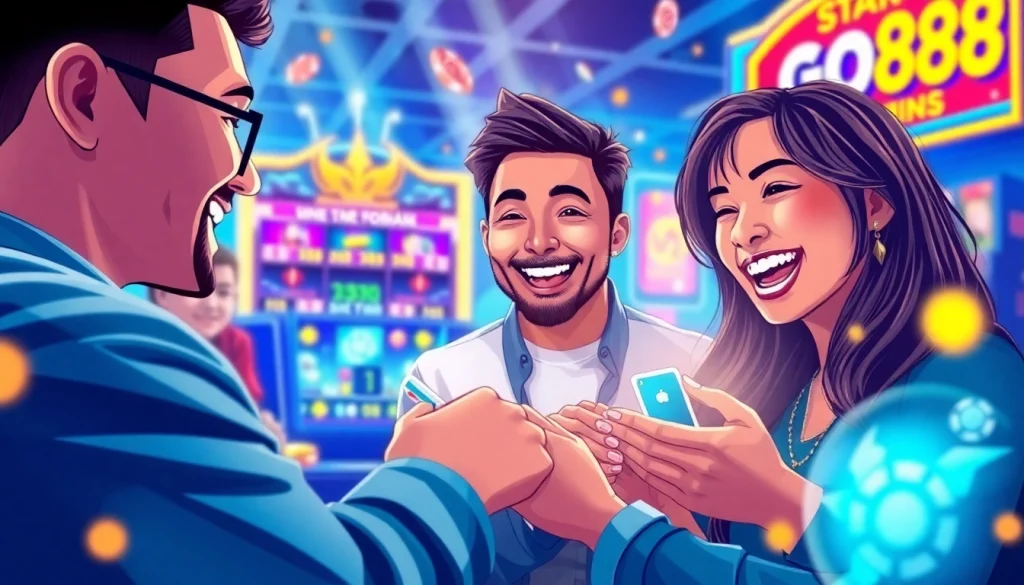 Engaged players enjoying games at Go88, the popular online gaming platform, amidst colorful casino elements.