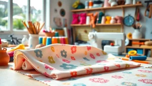 Bekijk het uni katoen stof in een artistieke werkruimte met kleurrijke grenzen en gereedschappen.