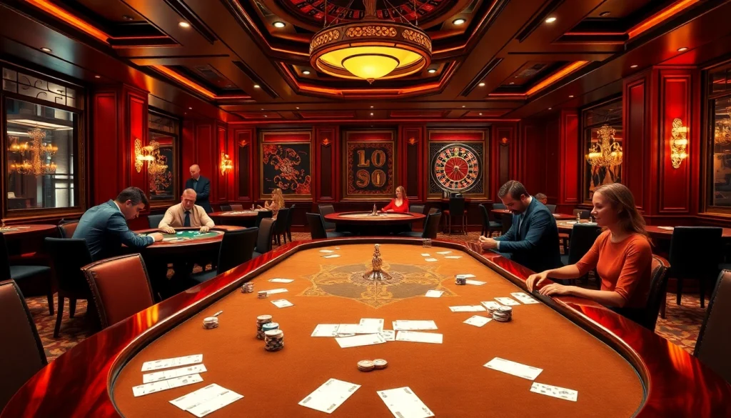 Engage with the excitement of online gambling at https://luck882.co.com/ with a vibrant casino scene showcasing poker players and vibrant interactions.