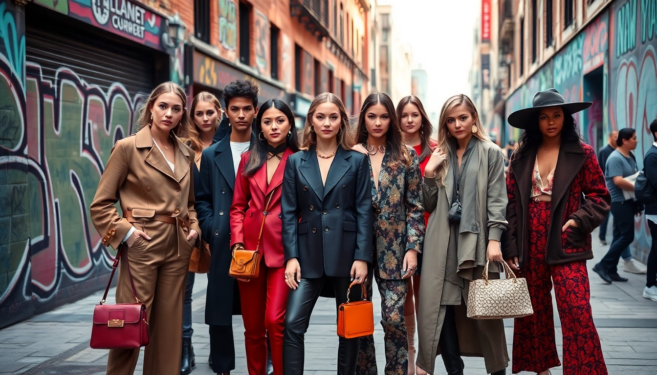 Fashion models displaying vibrant street styles in a lively urban environment.