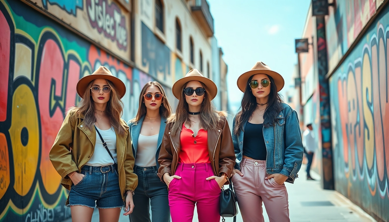 Women fashion display featuring stylish outfits in a vibrant urban setting, showcasing diversity and trendiness.