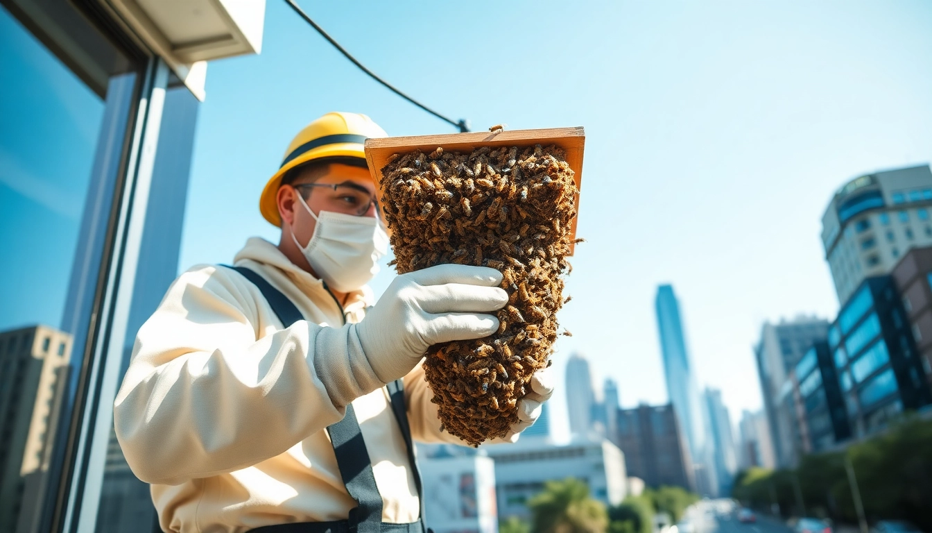 Technician performing commercial bee removal from a beehive in a city setting. related image