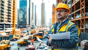 Manhattan Construction Manager strategizing at a busy construction site with workers.