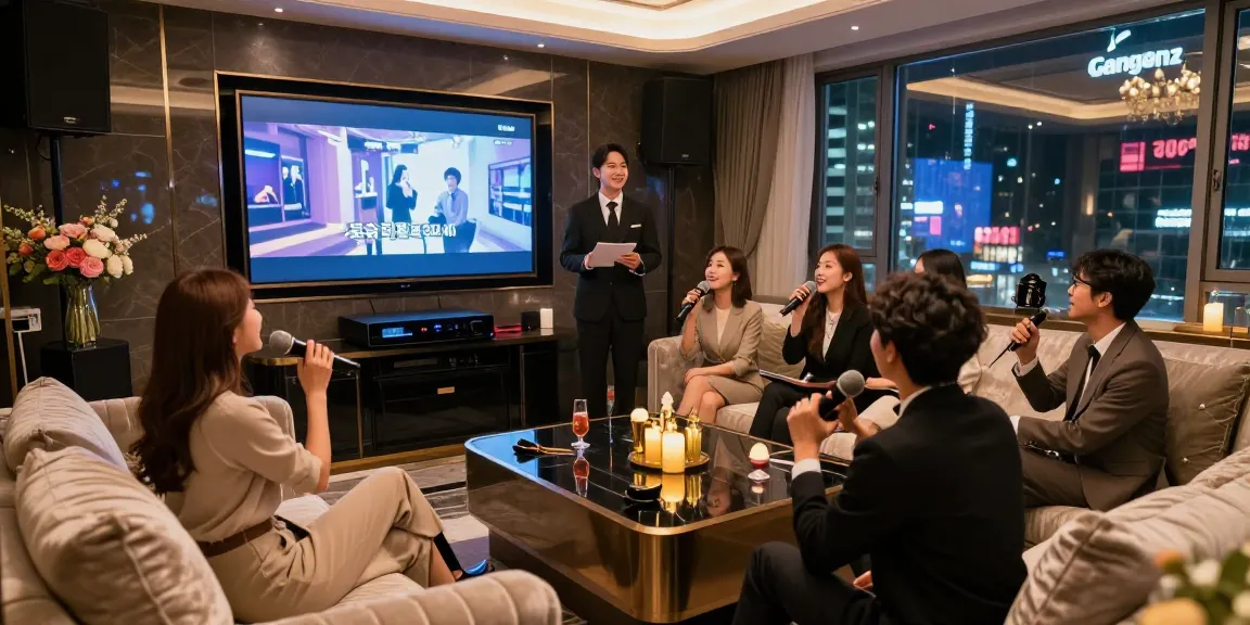 강남쩜오 프라이빗 노래방에서 친구들이 즐겁게 노래하며 고급 음료를 나누는 모습