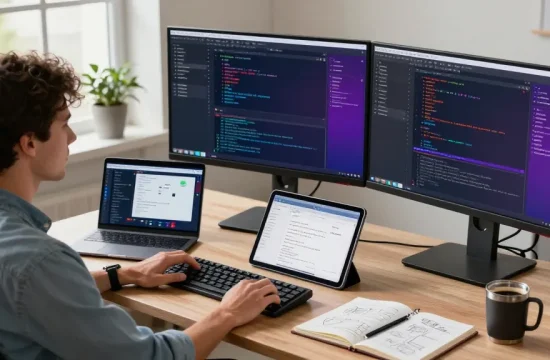 Efficient screenshot software download overview with a developer's workspace showcasing high-tech tools and vibrant coding.