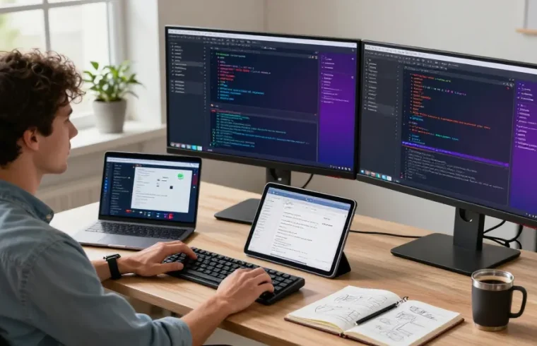 Efficient screenshot software download overview with a developer's workspace showcasing high-tech tools and vibrant coding.