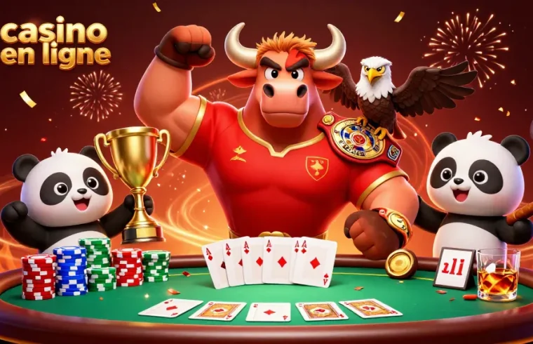 Visuel dynamique d'un casino en ligne avec un taureau, un aigle et un panda célébrant autour d'une table de poker.